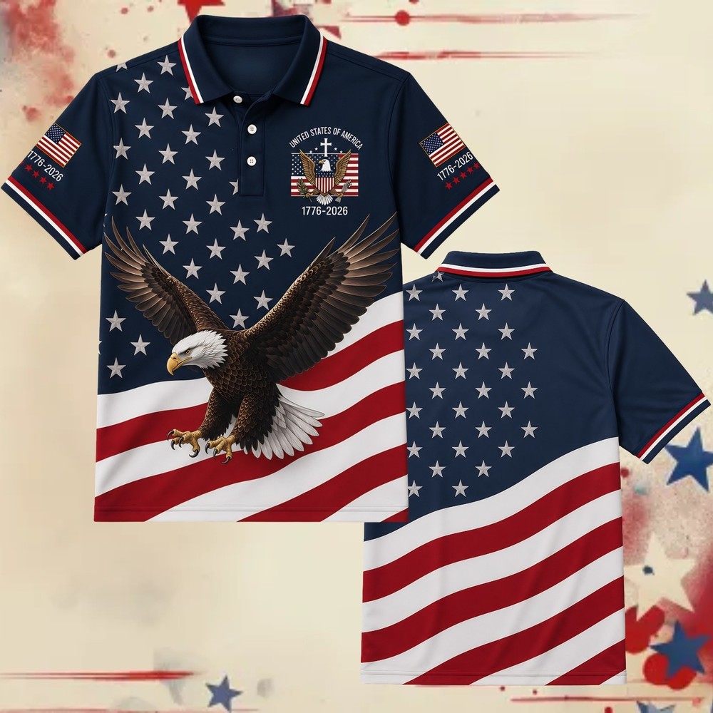 250 Years Bald Eagle US Flag Golf Polo, Patriotic 4th Of July Shirt (S-5XL)