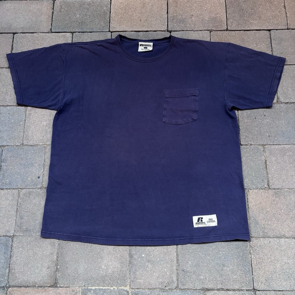 Vintage Russell Athletic Pro Cotton Pocket T-Shirt Blue Men’s Large Blank Faded
