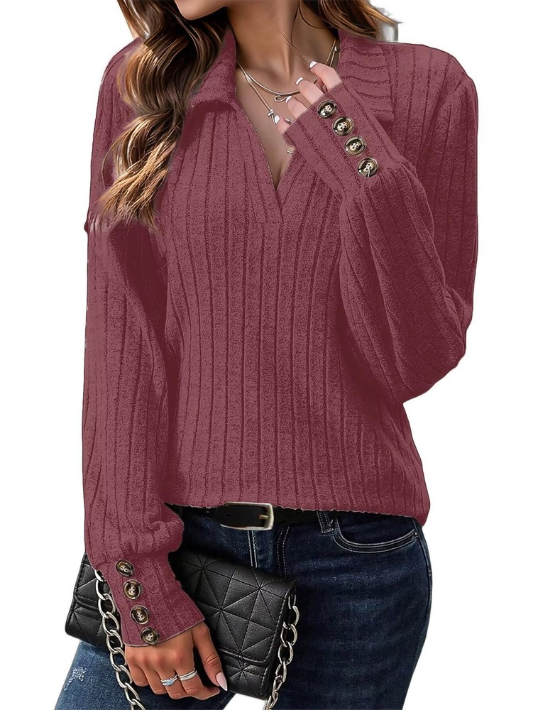 Womens Polo Shirts Business Casual Tops Collared V Neck Long Sleeve Ribbed Kn…