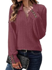 Womens Polo Shirts Business Casual Tops Collared V Neck Long Sleeve Ribbed Kn…