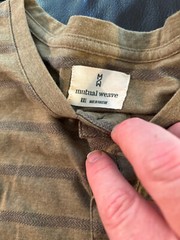 Mutual Weave brown 3 button henley collar olive green studio wardrobe sale
