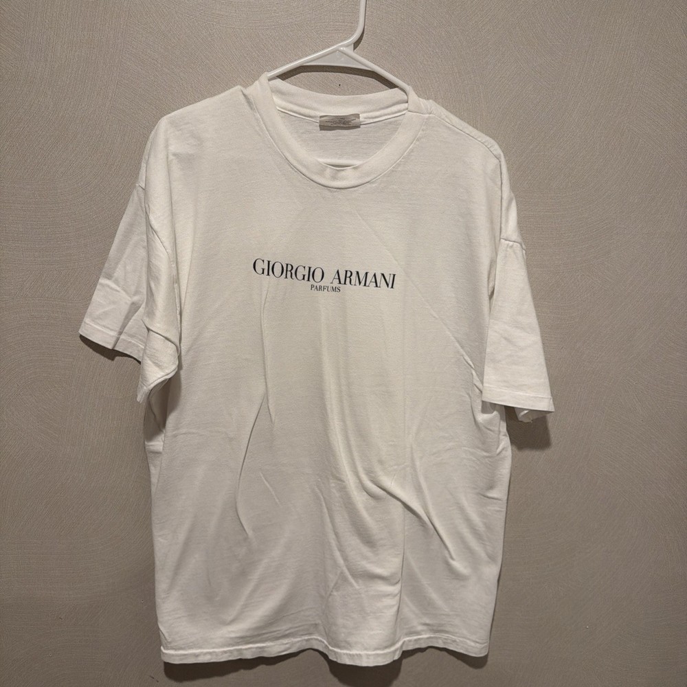 Vintage Giorgio Armani Parfums Mens Single Stitch Spell Out Cologne T Shirt XL