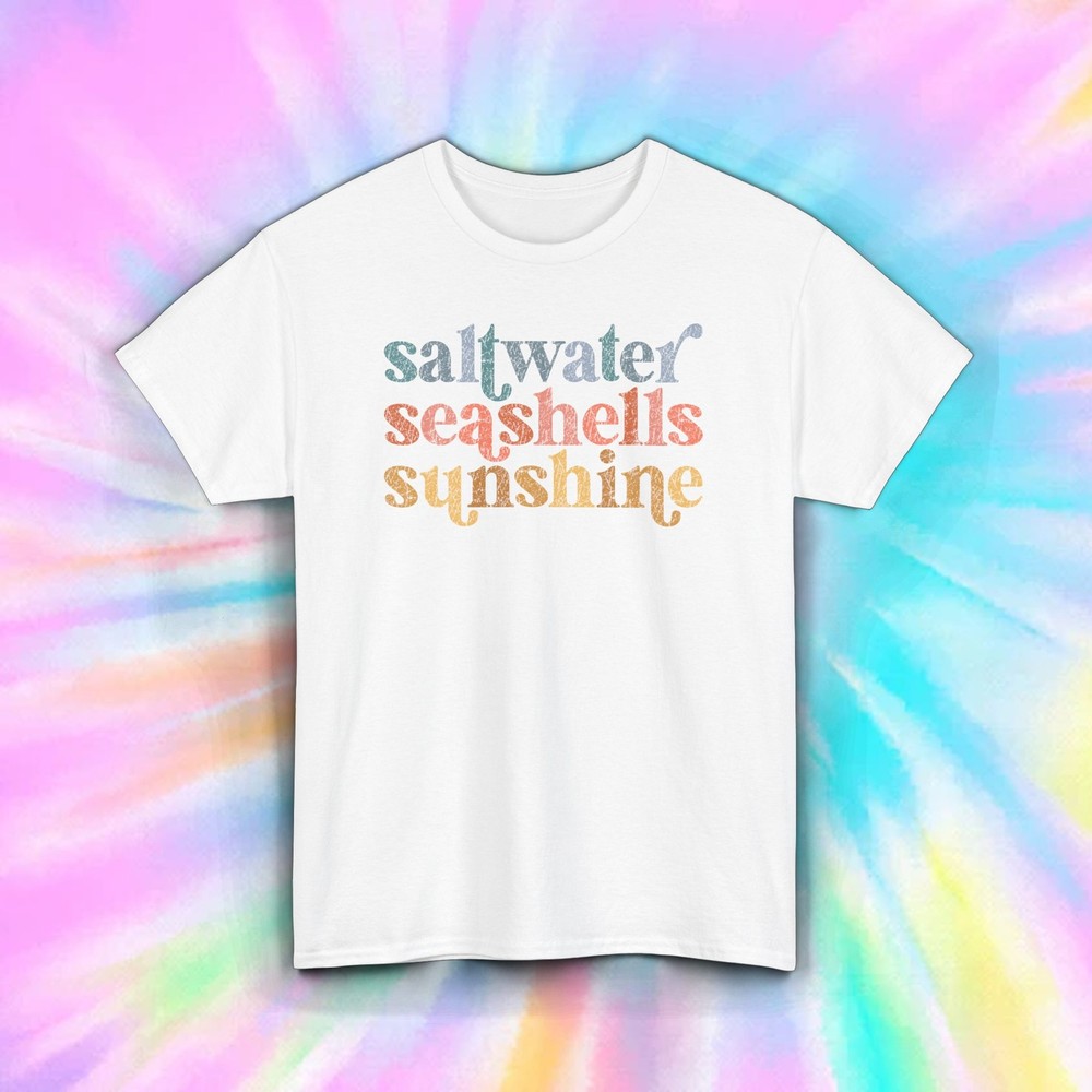 Saltwater Seashells Sunshine T-Shirt Retro Summer Beach Vibe S-5XL