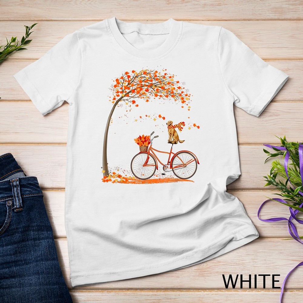 Lovely Golden Retriever in fall, funny dog riding bicycle Unisex T-shirt