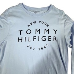 Tommy Hilfiger Long Sleeve Graphic Tee Mens Medium Baby Blue Y2K Streetwear