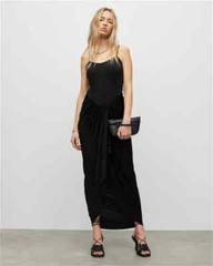 All Saints Womens Draped Midi Dress Sleeveless Slim Square Neck Gathered Skirt