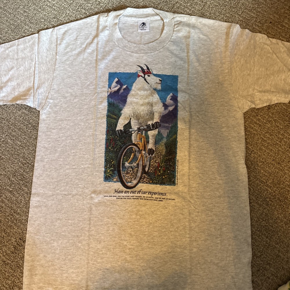 Vintage 90s Single Stitch Enviormental Graphic T Shirt Mountain Goat On A Bike