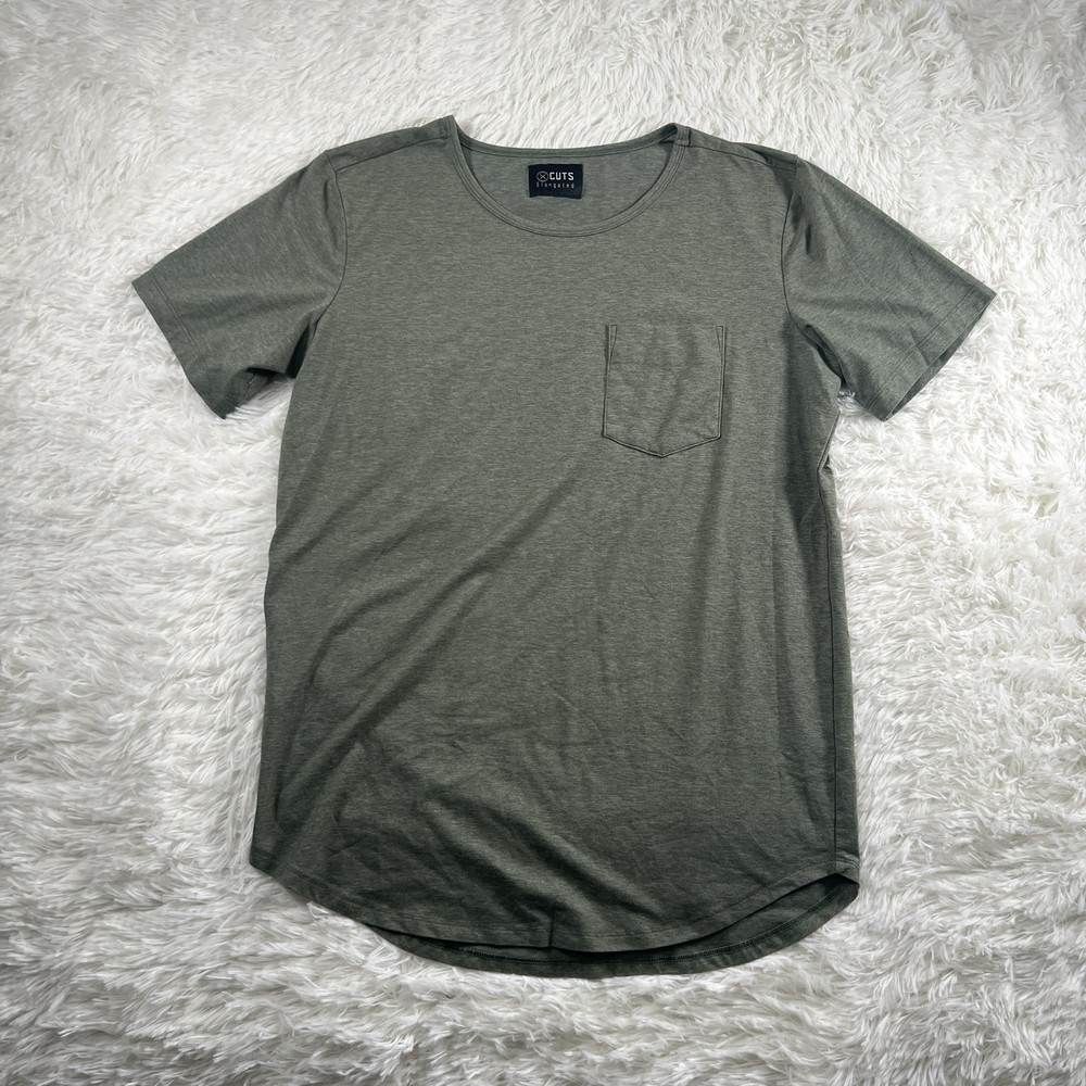 CUTS Shirt Men Size Medium Green Elongated Short Sleeve Round Neck Pocket Casual