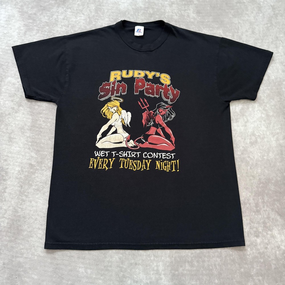Vintage Rudy’s Sin Party Shirt Mens M Angel Devil Pinup Biker Largo FL