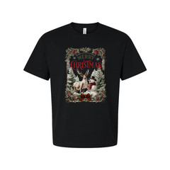 Merry Christmas Graphic Unisex T Shirt With Deer Snowman In Winter Forest Scene
