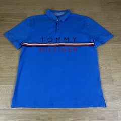 Tommy Hilfiger Blue Logo Stripe Spellout Polo Shirt Custom Fit Casual Tee XL