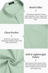 Men’s Casual Cotton Linen Henley Shirts Beach with Pocket Light Green 3XL