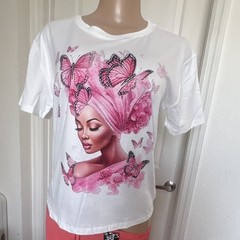 Internet Fashion Inc White/Pink Butterfly Graphic Rhinestone Crewneck Tee L/XL