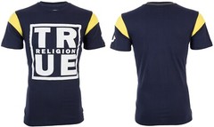 $79 TRUE RELIGION Navy SQUARE FOOTBALL Short Sleeve Designer Graphic T-shirt NWT