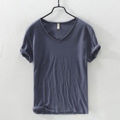 Men Pure Color Cotton Short Sleeve T-shirts V-neck Sports Casual Tops Summer