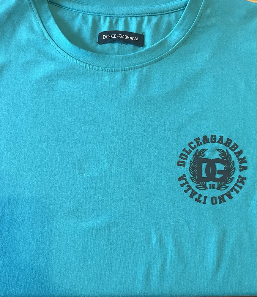 Dolce & Gabbana Men’s Turquoise Graphic Logo Crew Neck Short Sleeve Tee L