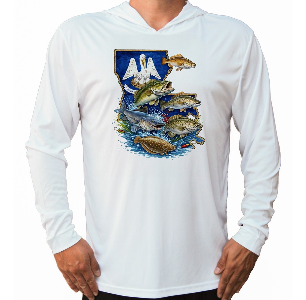 Louisiana Fishing Sun Summer Boat T-Shirt UV Protected UPF 50 Long Sleeve Hood