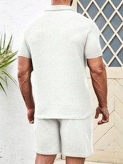 White Men’s 2 piece Casual outfit’s Waffle Knit polo shirt’s and short’s set …