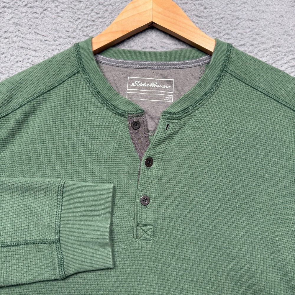 Eddie Bauer Thermal Henley Shirt Mens Medium Green Waffle Knit Outdoor