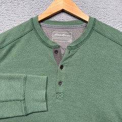 Eddie Bauer Thermal Henley Shirt Mens Medium Green Waffle Knit Outdoor