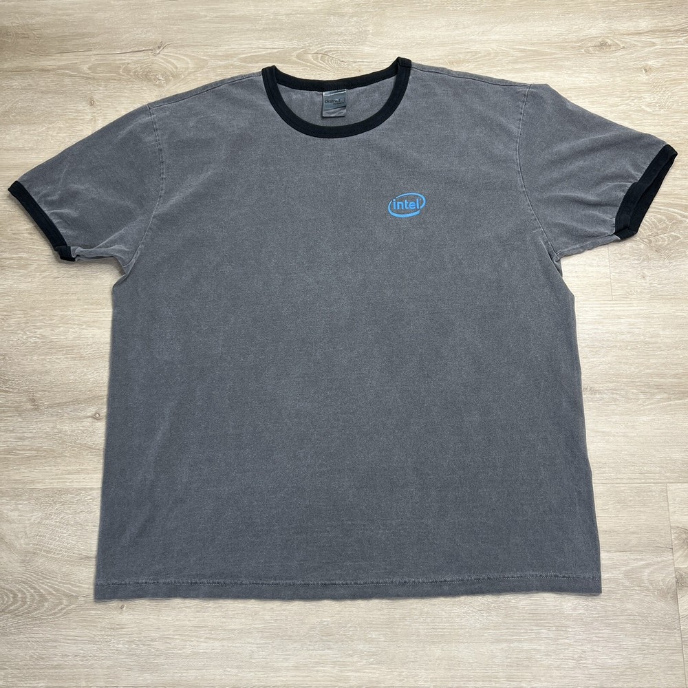 Vintage Dell Intel Core 2 Extreme Ringer Graphic Gray Tshirt Mens Size Large