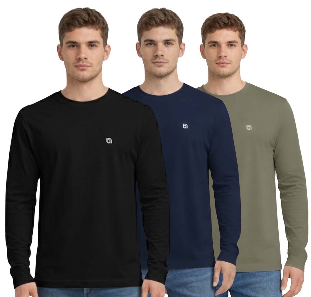 3 Pack Men’s Long-Sleeved T-Shirt Round Neck Tops for Men Soft Cotton S-3XL