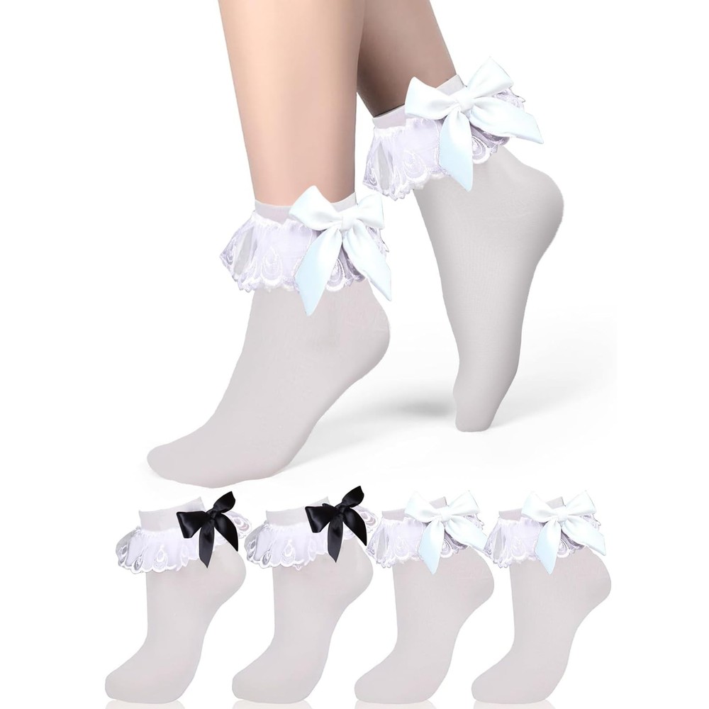 Womens White Ruffle Socks with Bow Ankle Lace Trim Frilly Socks Summer