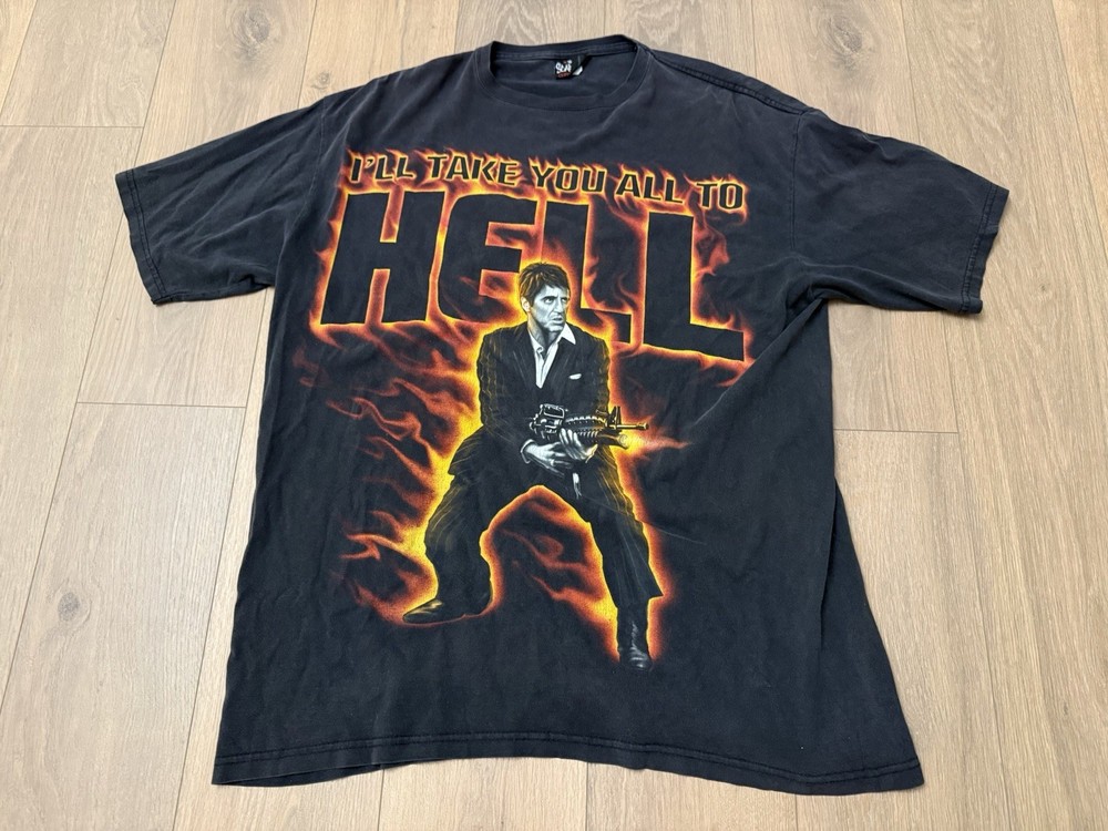 VINTAGE Scarface Movie Tony Montana I’ll take you all to Hell Shirt XXL Rare Y2K