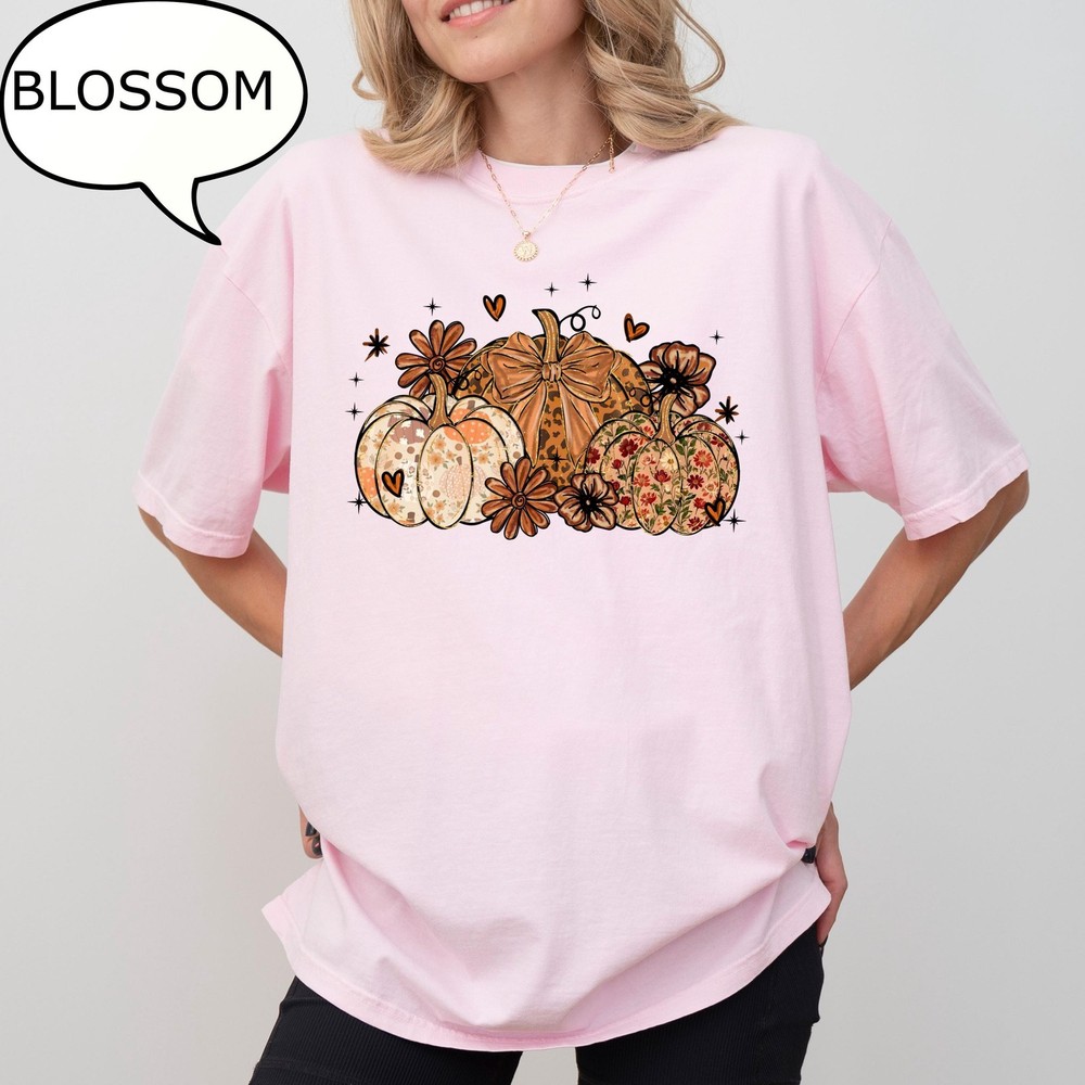 Floral Pumpkin Shirt Coquette Bow Autumn Fall Harvest Pumpkin Lover Gift Tee