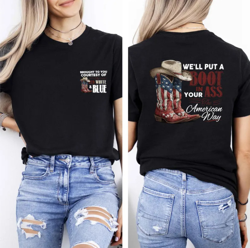 Red White Blue Cowboy Patriotic USA Flag Funny Independence Day Tee S-5XL
