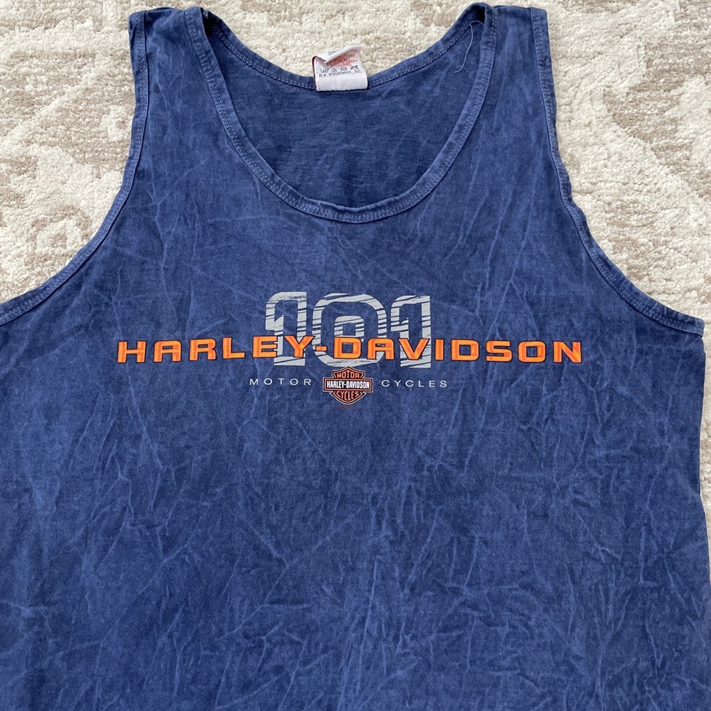 Vtg Y2K Harley Davidson Tank Top Blue Acid Wash Men’s Large L Fairbanks Alaska