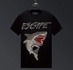 New Men Fashion Diamond Shark Rhinestones Luxury Black White T-Shirt