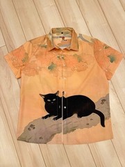 Japanese Vintage Short-Sleeve Shirt Black Cat by Hishida Shunsō No-Iron SMLXL2XL