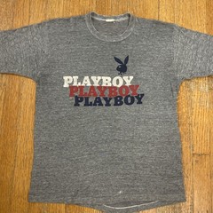 Single Stitch Vintage Playboy T-Shirt Gray Made USA RED WHITE BLUE