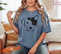 Dog and Cat Split Face T-Shirt – Minimalist Pet Lover Graphic Tee – Cute Dog Cat