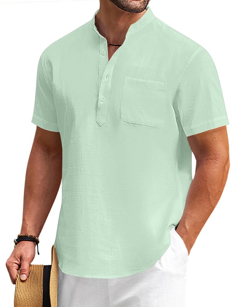 Men’s Casual Cotton Linen Henley Shirts Beach with Pocket Light Green L