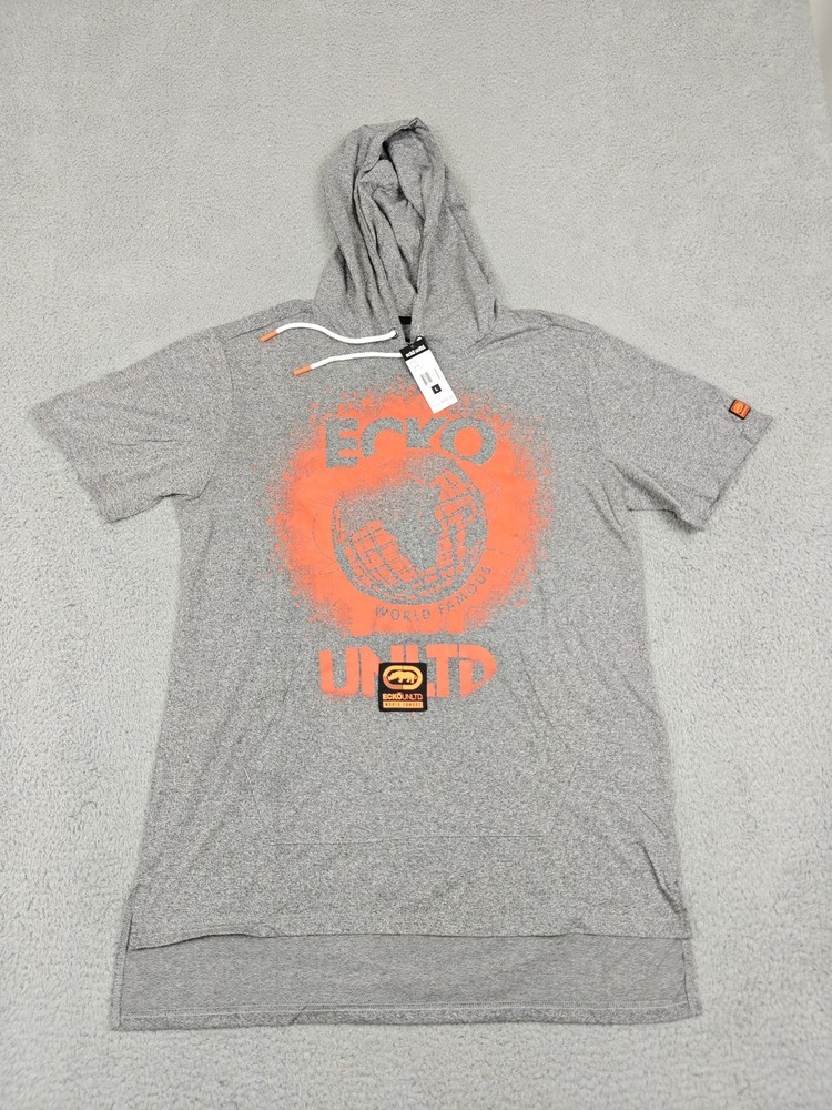 Ecko Unltd Shirt Mens Large Gray Marled Short Sleeve Hoodie Graphic EO12K821