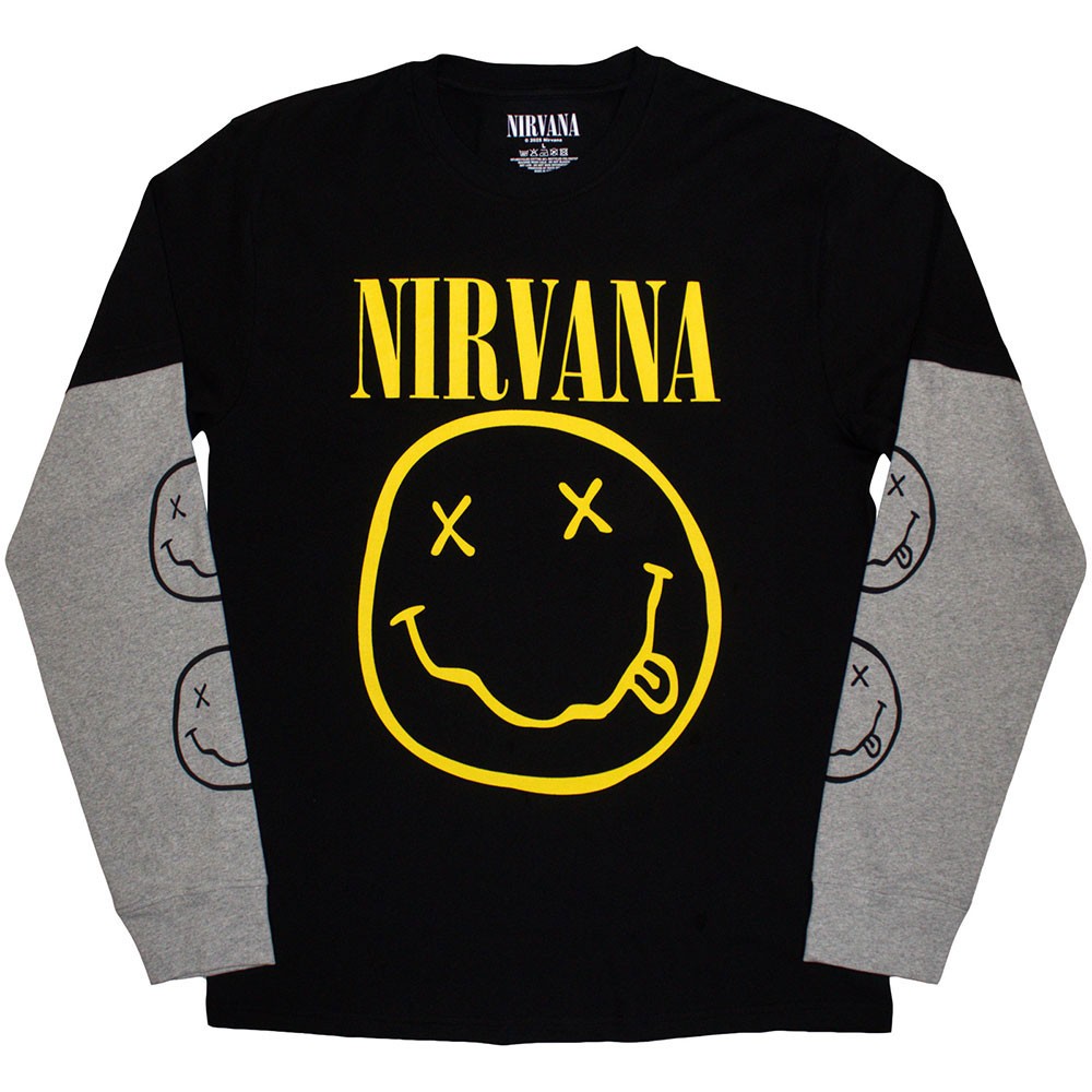 Men’s Nirvana Yellow Happy Face Long Sleeve Large Black & Grey