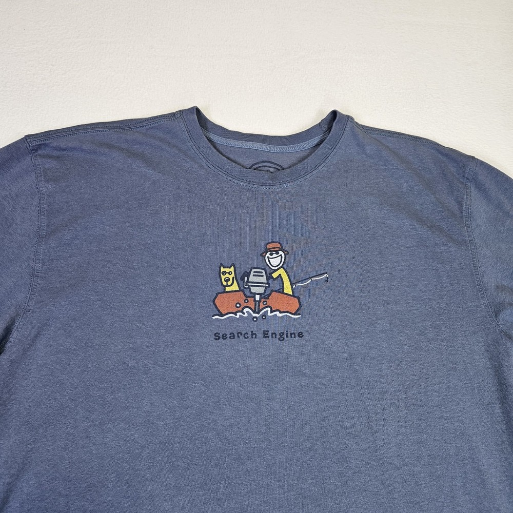 Life is Good T-Shirt Mens L Fishing Search Engine Jake Rocket Boat 100% Cotton