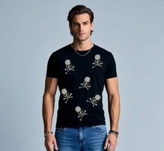 New Men Luxury Rhinestones Gothic Fashion Skull Black White T-Shirt High Quality