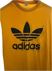 Vintage 80s ADIDAS Trefoil Logo Double Sided T Shirt 50/50 Mustard Yellow L/XL