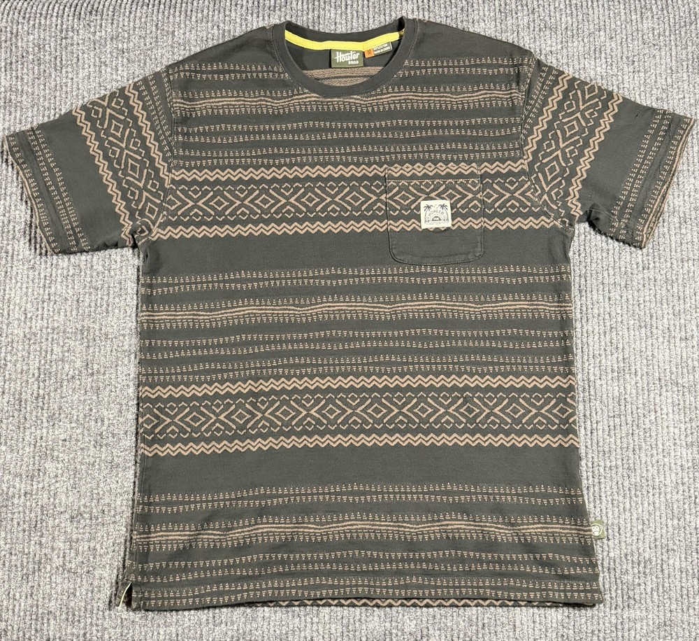 Howler Bros Shirt Mens Medium Tribal Geometric Striped Pocket Tee Brown Gray