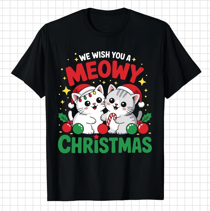 We Wish You A Meowy Christmas T-Shirt Cute Twin Cats Holiday Kitten Graphic Tee