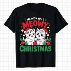 We Wish You A Meowy Christmas T-Shirt Cute Twin Cats Holiday Kitten Graphic Tee