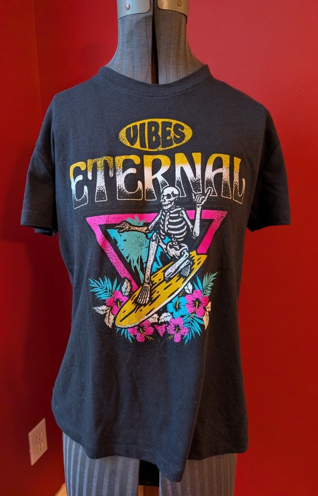 Mighty Fine Vibes Eternal Surfing Skeleton Black Large Graphic Tee Y2K Retro