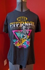 Mighty Fine Vibes Eternal Surfing Skeleton Black Large Graphic Tee Y2K Retro