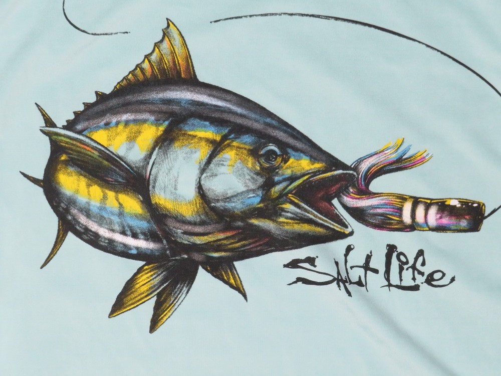 SALT LIFE SLX MENS S TEE SHIRT AQUA BLUE SS STRETCH T-SHIRT UVAPOR TUNA FISHING