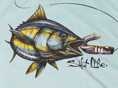 SALT LIFE SLX MENS S TEE SHIRT AQUA BLUE SS STRETCH T-SHIRT UVAPOR TUNA FISHING