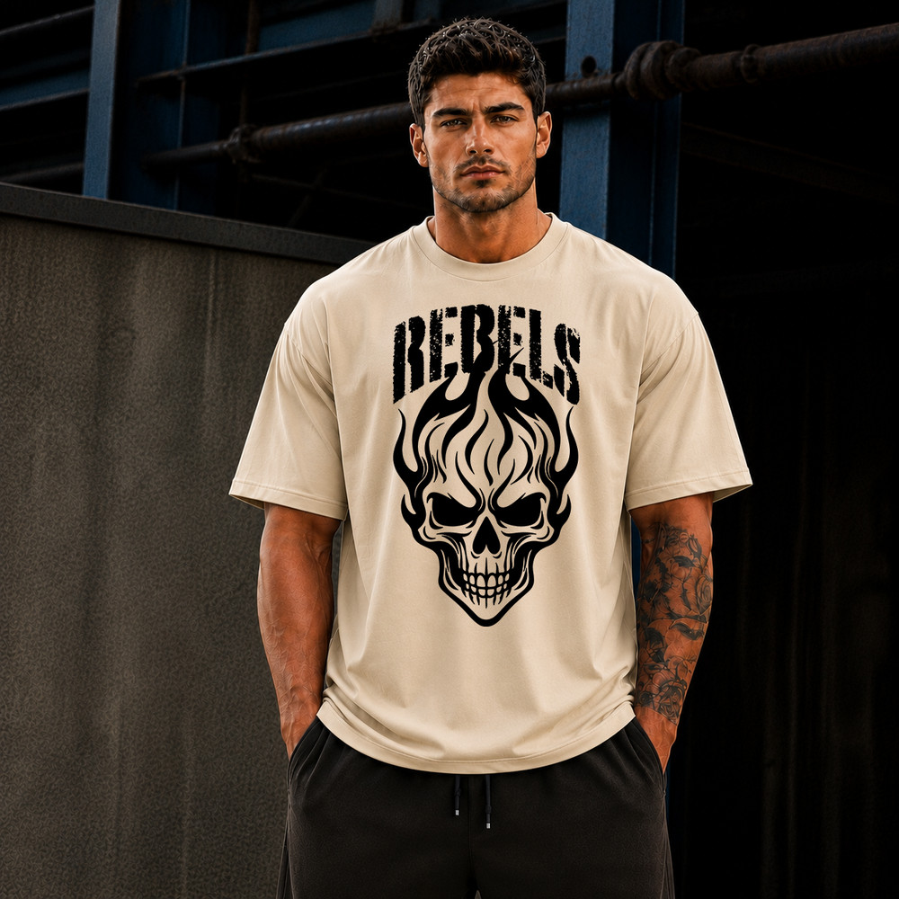 Rebels Skull Graphic Oversized T-Shirt Gothic Streetwear Men’s Gym Workout Tee