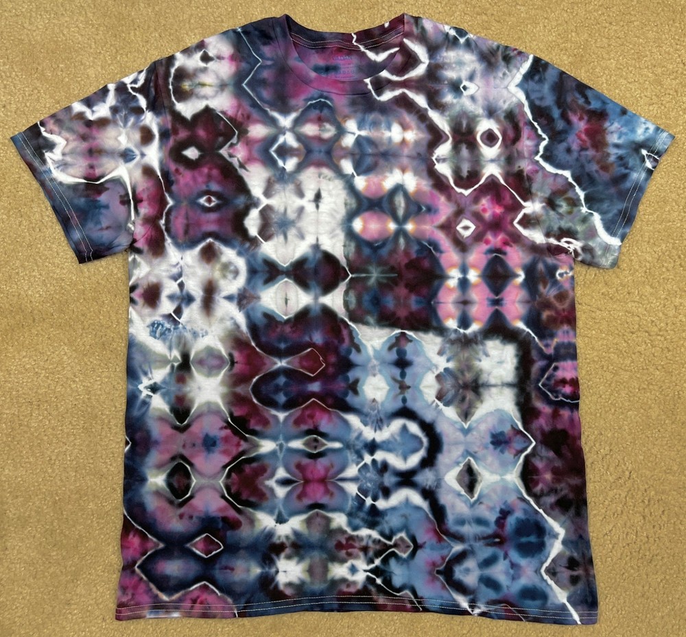 Handmade Ice Tie Dye T-Shirt Large Mens Womens Soft Cotton Blue Burgundy Glitch